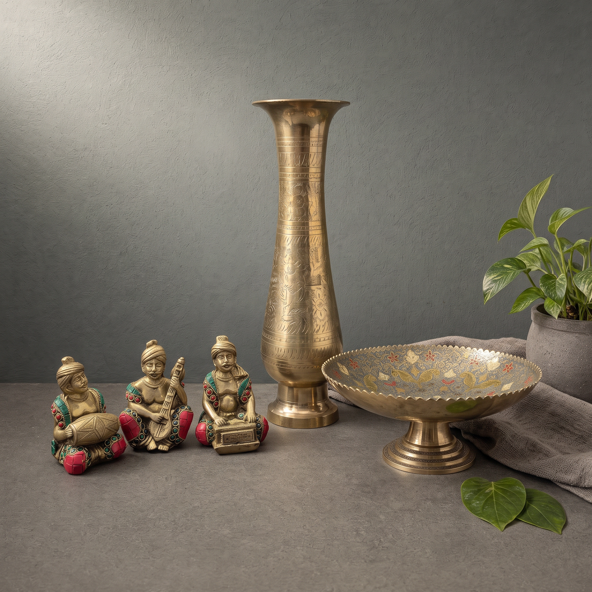 Brass Musicians with Stone Inlay, Hand Painted Brass Footed Fruit Bowl on a stone ledge - Peetal Parampara