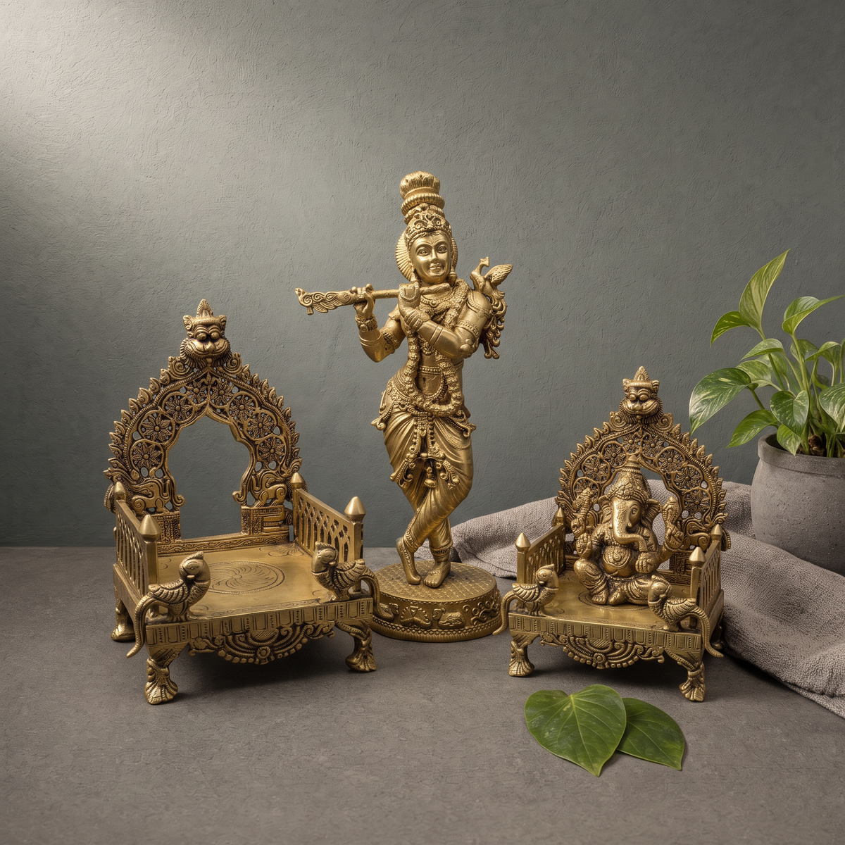 Brass Laddu Gopal Murti with Singhasan, Antique Brass Singhasan with Arch on a stone ledge - Peetal Parampara