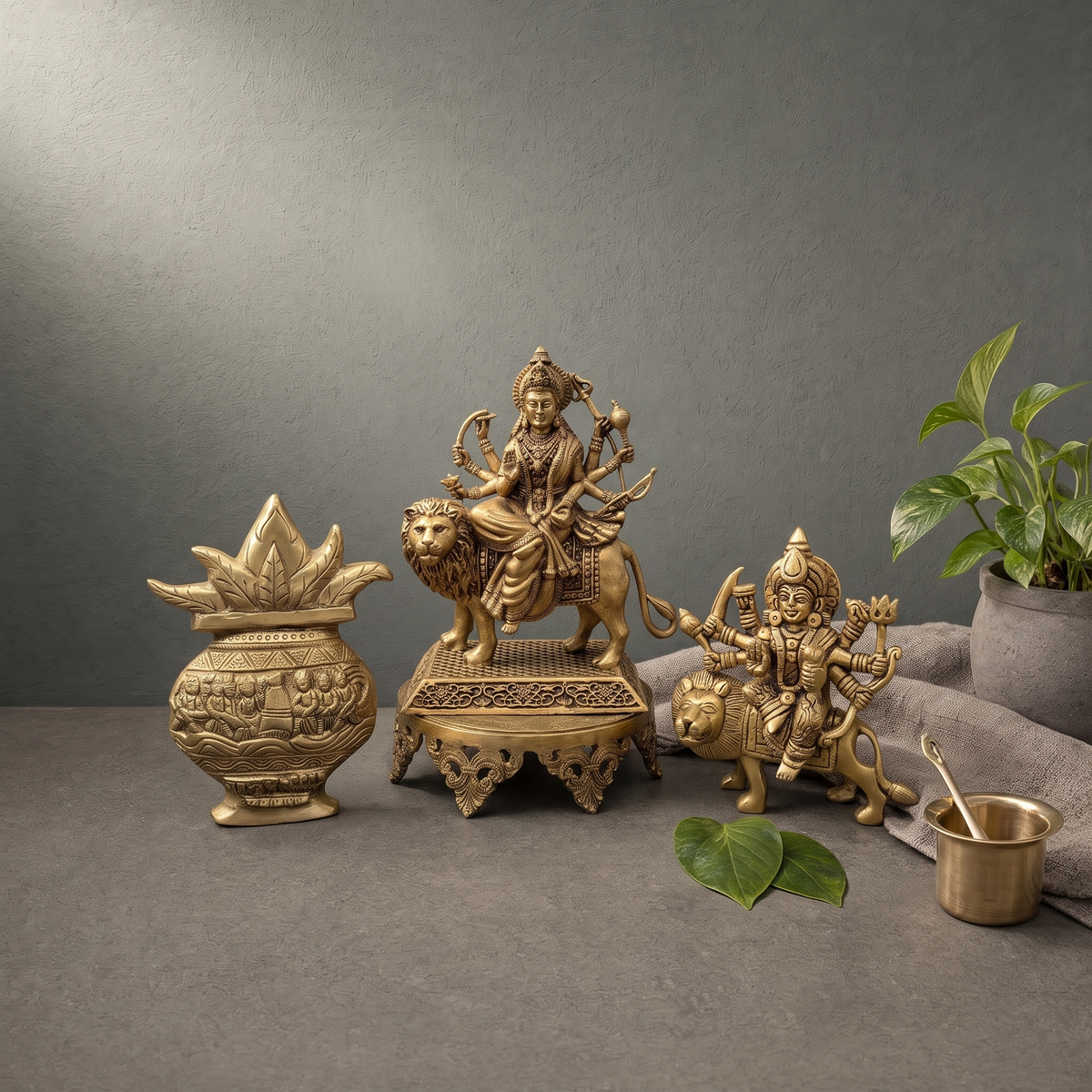 Brass Durga Murti on a Standing Lion, Superfine Brass Durga Murti on Jali Base on a stone ledge - Peetal Parampara