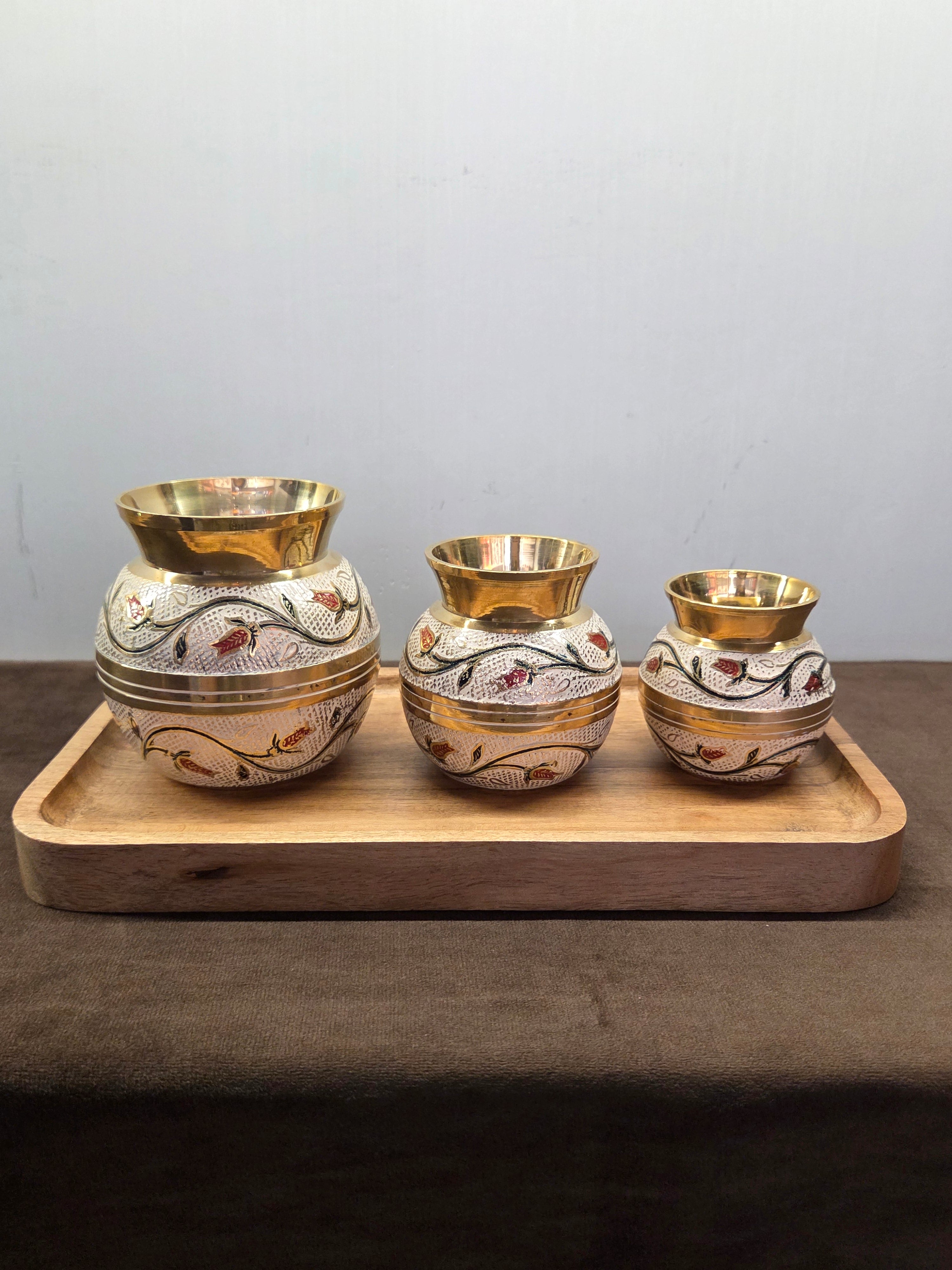 Brass Hand Painted Lota Set (Set of 3 With Tray)