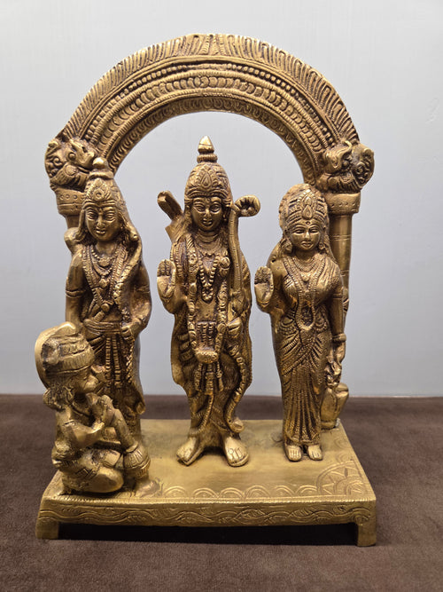 Antique brass Ram Darbar murti on one plate, three figures under a makara arch with Hanuman kneeling - Peetal Parampara