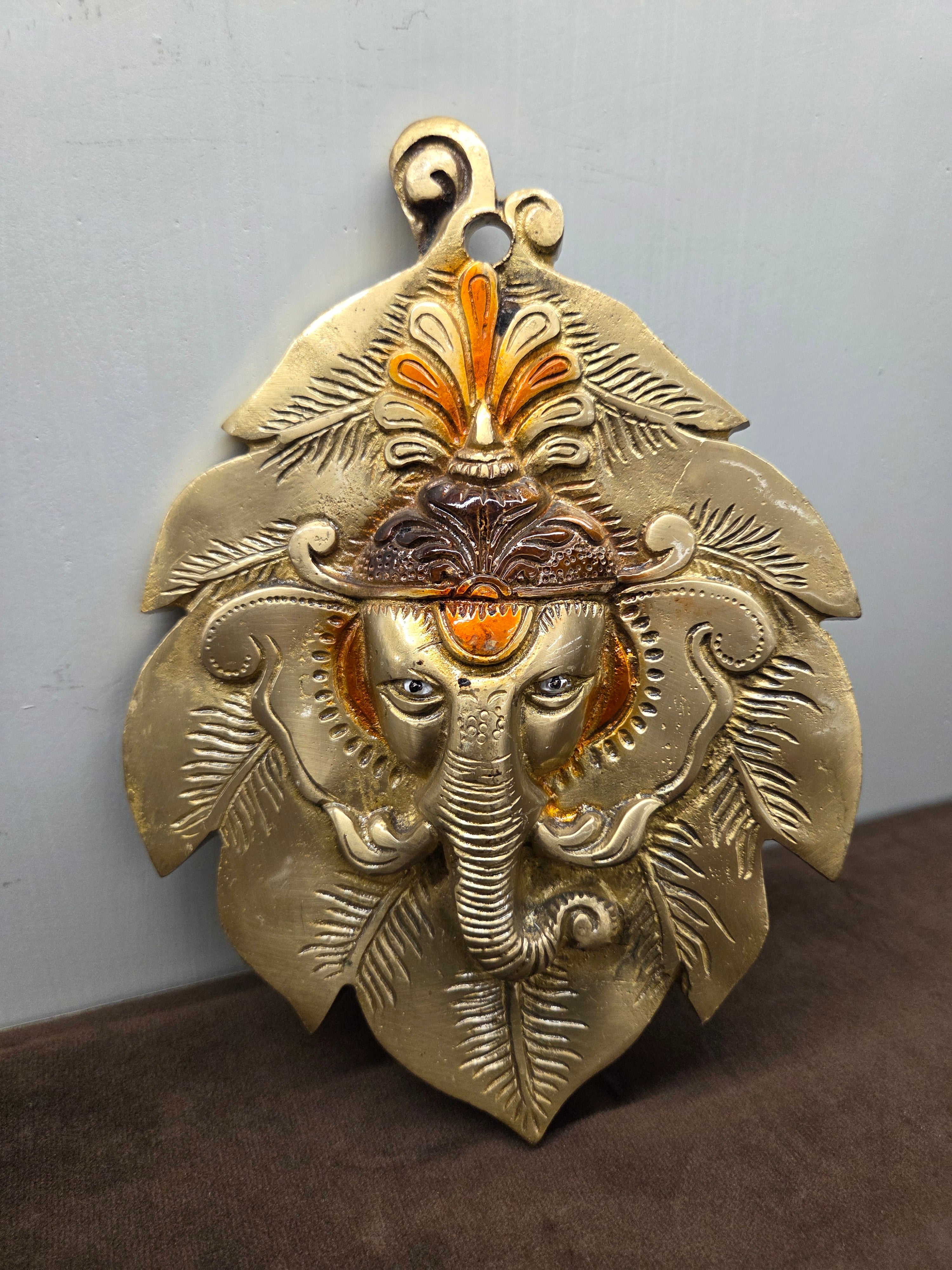Brass Ganesha on Leaf Coloured