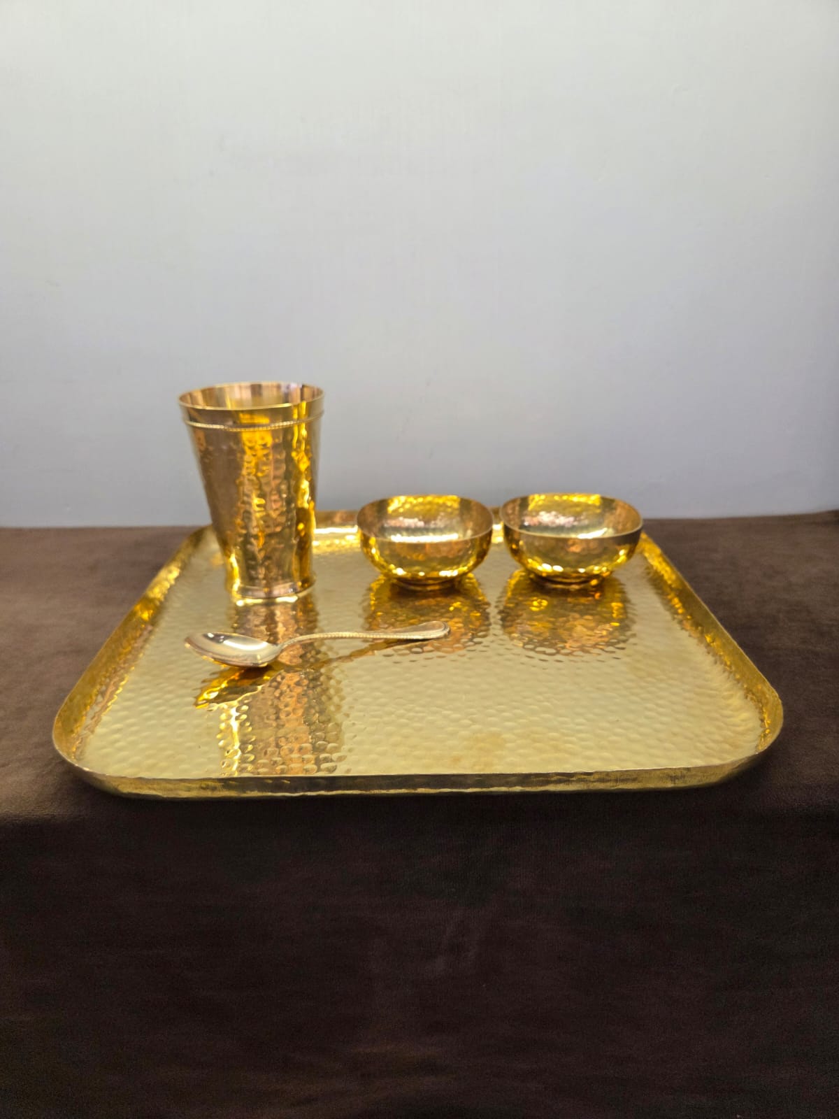 Brass Thali Set (Square - Hammered)