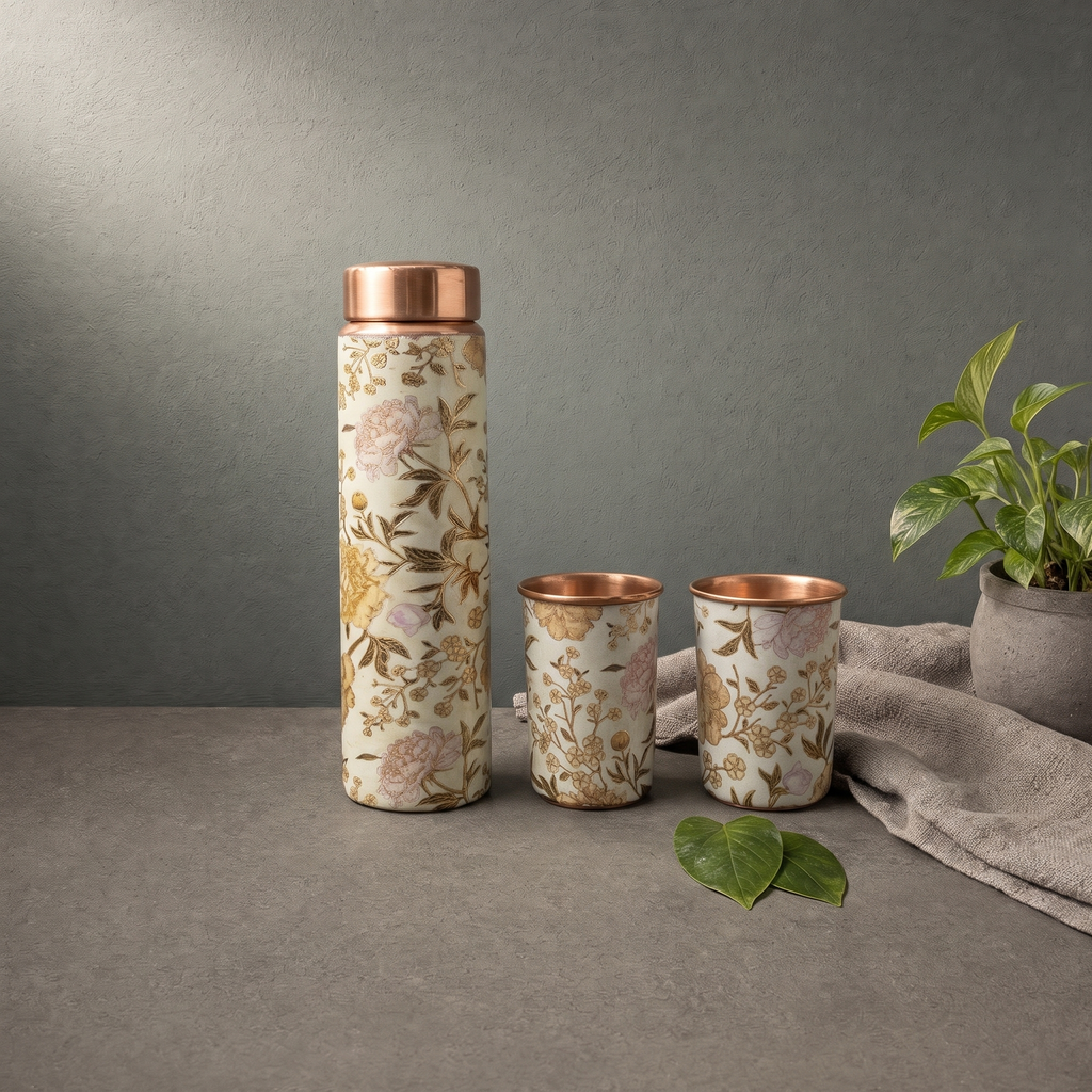 Copper Floral Bottle and Tumbler Set on a stone ledge against a grey plaster wall - Peetal Parampara