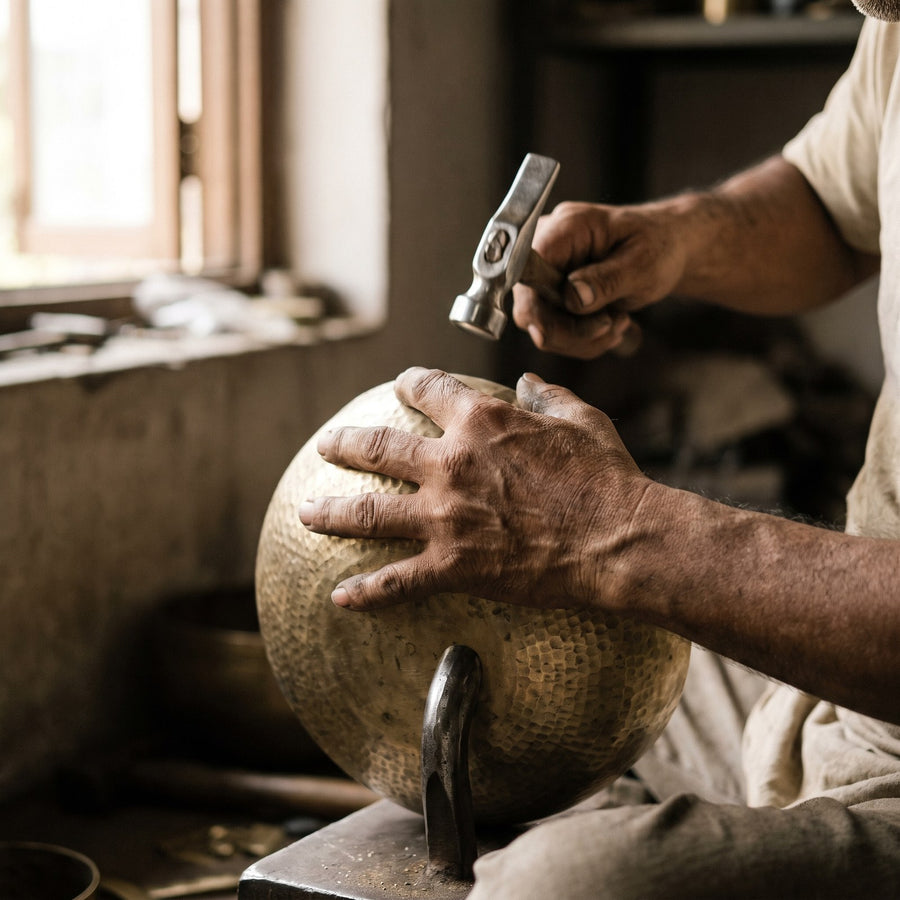 A brass vessel held against a stake anvil while a hammer works its shoulder, the surface already covered in overlapping hammer facets.