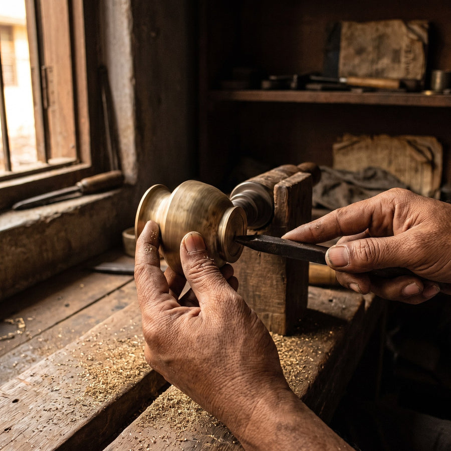 A brass vessel turning on a hand lathe with a burnishing tool held against it, brass filings across the wooden bench.