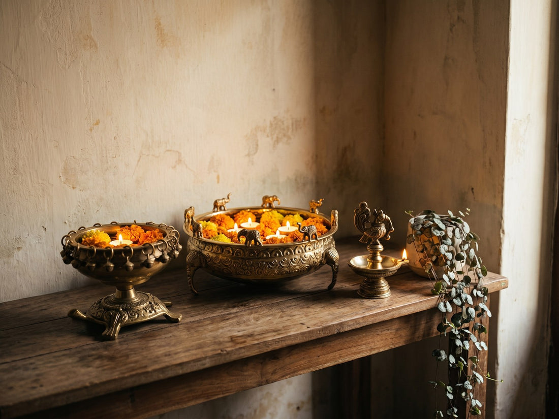 Two brass urlis on a wooden console against a plastered wall, filled with water, floating marigold heads and lit tealights.