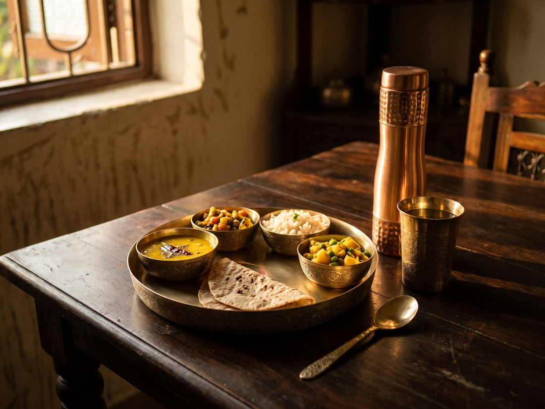 A kansa thali laid on a dark wooden table with brass katoris of dal and sabzi, roti, a hammered copper bottle and a brass glass.