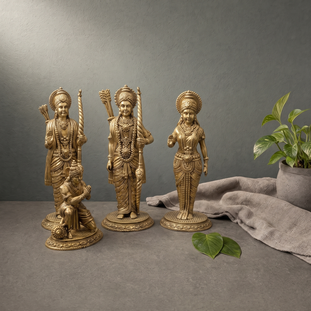 Superfine Brass Ram Darbar Murti on a stone ledge against a grey plaster wall - Peetal Parampara